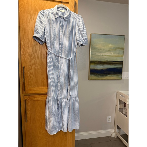 Max Studio Dresses & Skirts - Max Studio Blue White Striped Midi Shirt Dress Short Sleeve Tiered Hem